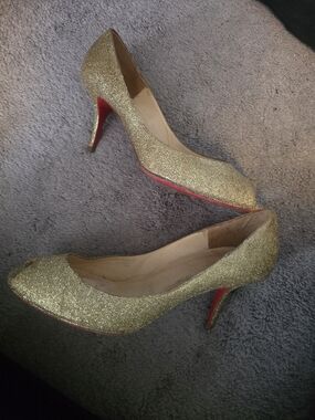 Christian Louboutin Gold Glitter Peep-Toe Pumps with Red Soles
